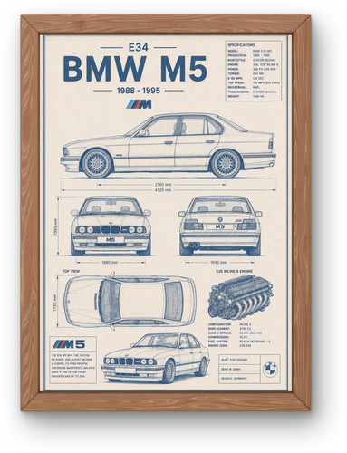 Bmw e34 blueprint poster - m5,