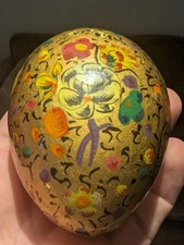 Hand Painted Kashmiri Papier Mache Egg Shaped Trinket Box Gold Floral 9cm