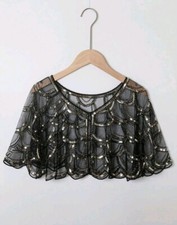 Womens Bolero Black Gold Sequin Shawl 1920's Cape Wrap Evening Party Light Shrug