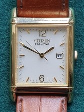 Citizen Mens Eco Drive Tank Watch E010-S001579 - Date Leather Strap Gold Tone