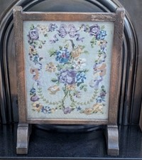 Vintage 1930s Hand Embroidered Fire Screen Wooden Frame Glass Front Home Decor