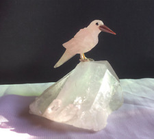 Natural Rose Quartz Hand Carved Bird On Clear Quartz Base Woodpecker