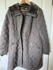 Wallis Taupe Quilted Coat Fur Collar Deep Pockets Size 14 Lightweight Jacket VGC