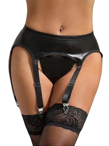 Sexy black wet look suspender - wet,