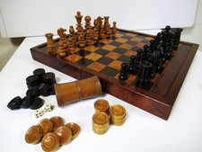 ANTIQUE CHESS SET  K 4" + CHESS-BACKGAMMON BOARD AND PLAYING SET