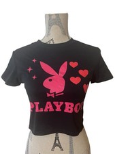Custom Black Playful Playboy Bunny Cropped Tee - Large