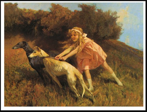 Greyhound and little - and, girl