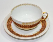 Antique JEAN POUYAT LIMOGES China Red Band Gold Filigree Set Cup & Saucer C817