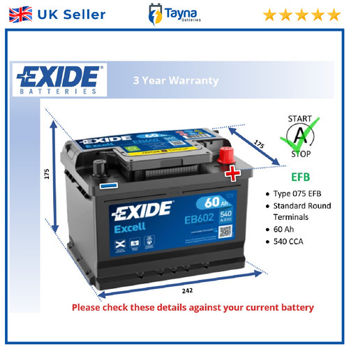 Car battery eb602 exide 075 - battery,