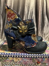 Irregular Choice Euro 40 Navy Velour Fabric “Miaow” Shiny Floral Cat Boot Heels