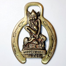 Lucky Pixie Charm Horseshoe Brass Widecombe Piskie Pisky Pendant Key Ring 2½ VTG