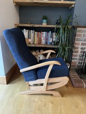 Vintage Mid-century Sprung Rocking Chair Upholstered In 16oz Blue Denim Fabric