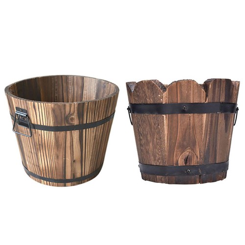 Wooden planter barrel set wood - wooden,