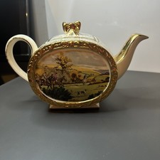 Vintage Sandler Barrel Tea Pot Hunting Scene 1940s Teapot