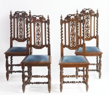 One of Four Antique Renaissance Wooden Chairs with Blue Velvet Seat Barley Twist