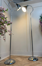 PAIR OF VINTAGE SILVER CHROME INDUSTRIAL STYLE READING BEDSIDE FLOOR LAMPS 58" H