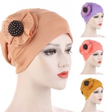 New Women Turban Cap Muslim Side Big Flower Diamond Wrinkle Head Wrap Scarf Hat