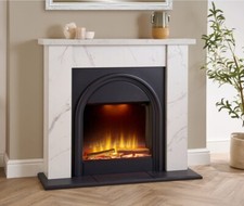 WHITE MARBLE EFFECT FIREPLACE BLACK ARCHED ELECTRIC FIRE REMOTE CONTROL LOGS