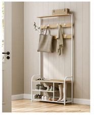 Coat Rack Stand Hall Tree with Bench and Shoe Storage Oak and White HSR409W09