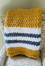 Beautiful Chunky Knit Blanket Gold Blue White Handmade