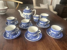 Early Staffordshire Blue White Willow Pattern complete Miniature Tea Set vintage