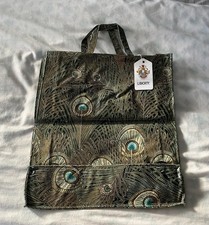 Vintage Liberty London Hera Green Peacock Feather Oil Cloth Tote Shopping Bag