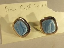 Wedgewood style 7/8" flat blue cuff links with gold frames and posts. Perfect