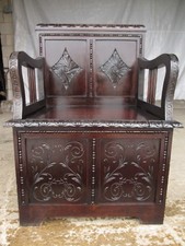Carved Brazilian mahogany panelled box settle (ref 628)