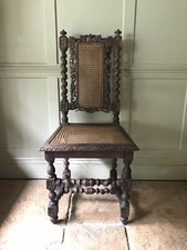 Antique Victorian Heavily Carved Oak High Back Hall Chair Caned Seat