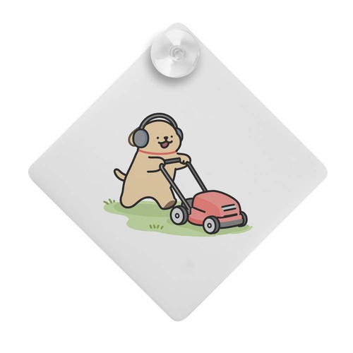Dog mowing lawn car - lawn', window