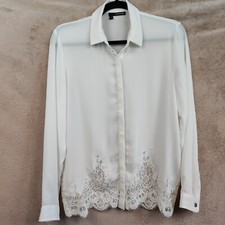 The Kooples Womens White Semi Sheer Button Up Shirt Lace Hem Detail Size XS