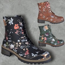 WOMENS LADIES LACE UP ZIP ARMY COMBAT WINTER WARM FLORAL ANKLE BOOTS SHOES SIZE
