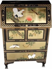 Oriental Chinese Gold Leaf Writing Bureau Desk with Hand Painted Cranes Design