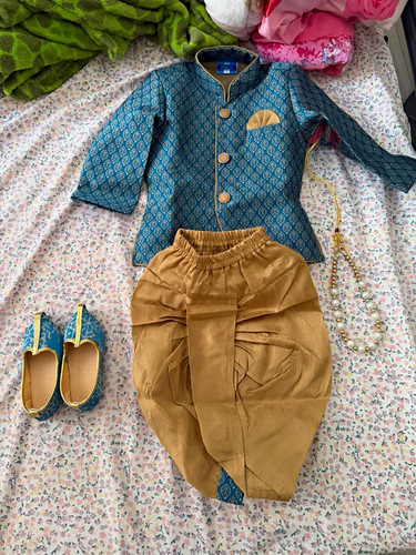 Boys blue gold kurta sherwani - boys,