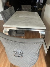 Grey Marble Dining Table with 4 Lion Knocker Chairs