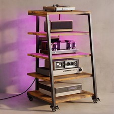 HiFi Rack Stand with LED Light Bar Wheels Media Stand Audio Video, Sockets