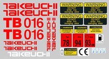 TAKEUCHI TB016  MINI DIGGER COMPLETE DECAL STICKER SET WITH SAFETY WARNING SIGNS