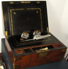 Antique 1880s Walnut Wood Wooden Writing Slope Box 2 Secret Drawers 2 Inkwells