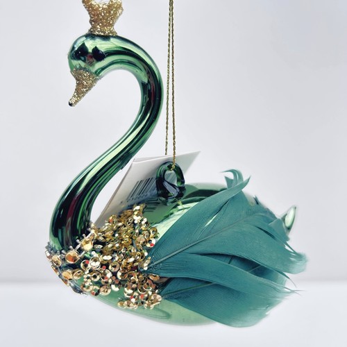 Green glass swan with - green, gold