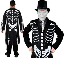 JAMES BONES COSTUME WITH SKULL MASK HAT LONG SKELETON COAT AND TIE FANCY DRESS
