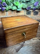 Antique Victorian Mahogany Writing Slope Box with Brass Cartouche and Key