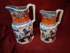 2 Antique Victorian Chinoiserie Masons Style Hexagonal Jugs Birds Chinese Temple