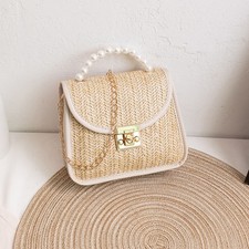 Ladies Summer Straw Bag Rattan Wicker Handbag Pearl Crossbody Beach Shoulder Bag