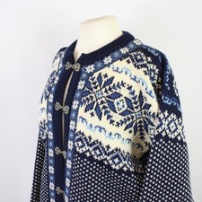 DALE OF NORWAY Fair Isle Cardigan Blue Wool Clasps Nordic Classic Size L - EHB