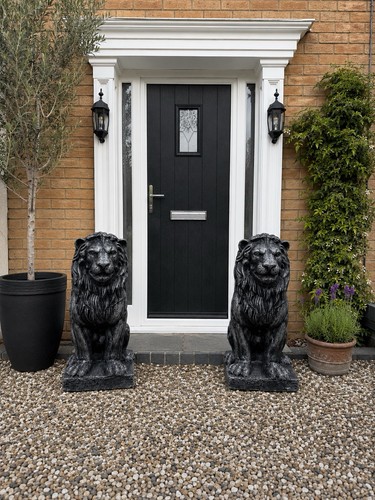 Pair grey concrete lions - pair, of