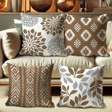 Set of 4 Cushion Covers – Ethnic Flora Geometry in Grey & Brown