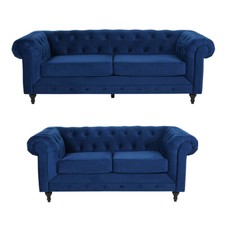 Chesterfield 3 and 2 Seater Sofa Plush Blue Fabric (3+2 Seater Couch,suite)