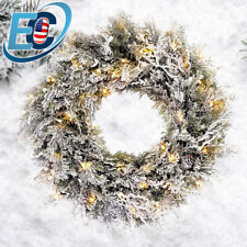 24 inch Prelit Snowy Flocked Christmas Wreath for Xmas Home Outdoor Indoor Decor