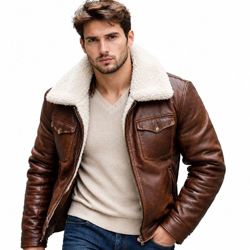 Men brown leather bomber - brown,