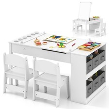 COSTWAY 2-in-1 Kids Art Table and Easel Set Wooden Drawing Desk w/Chairs-White